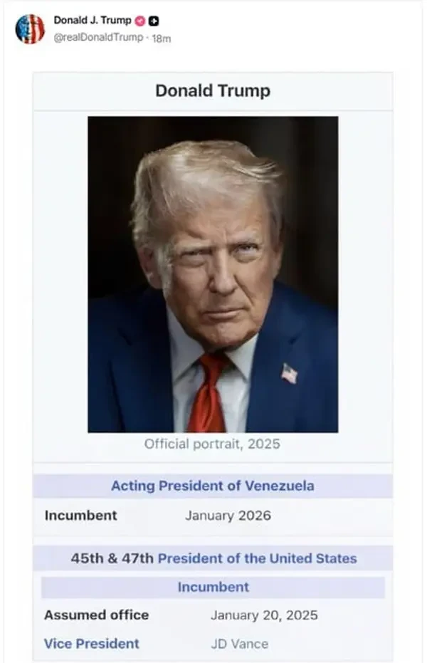 Трамп в соцсети провозгласил себя исполняющим обязанности президента Венесуэлы